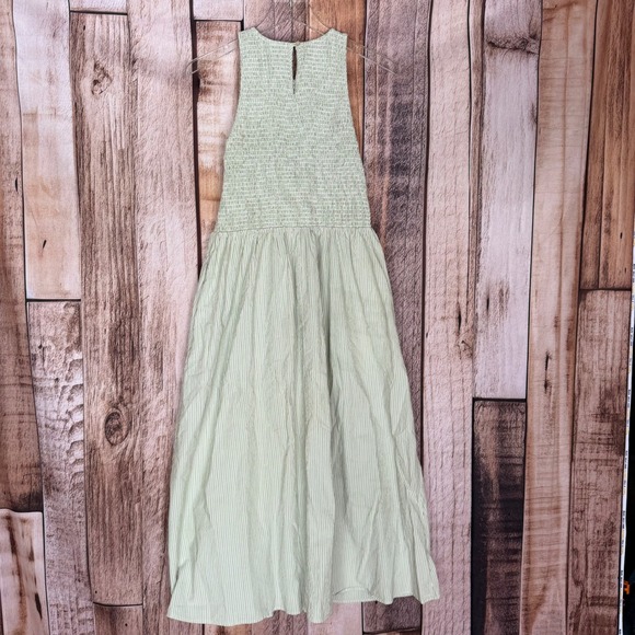 Madewell Smocked Bodice Green Striped Cotton Midi Dress Women's M - Picture 2 of 10